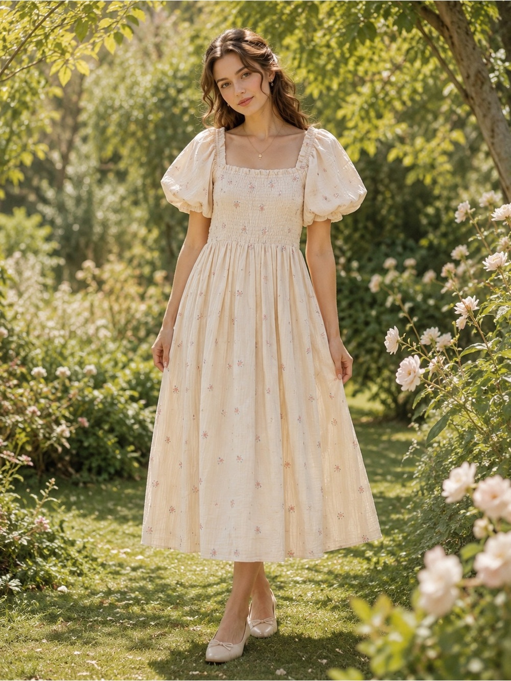 Ivy City Co Serendipity Dress Cream Floral Smocked Puff Sleeve S